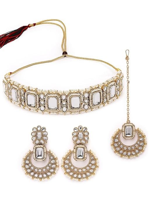 Sukkhi Affordable Squared Style White Kundan & Beads Studded Choker Necklace Set For Women.