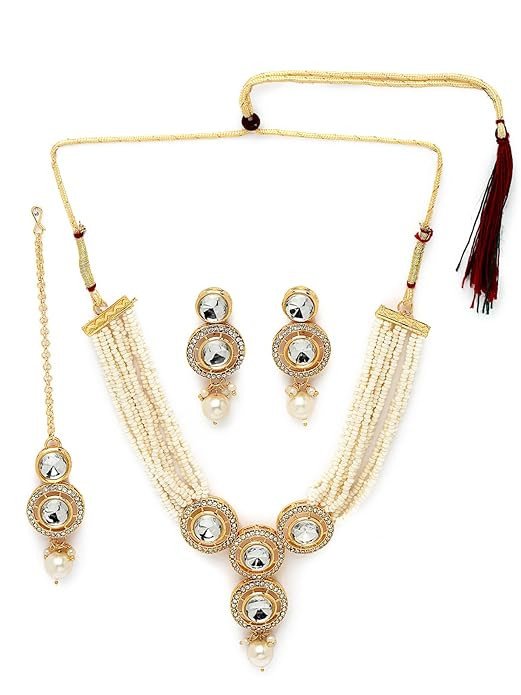 Iconic Gold Plated White AD Stone Multistrand Collar Bone Necklace Set With Earring And Maangtika | Jewellery Set For Women (NS105691)