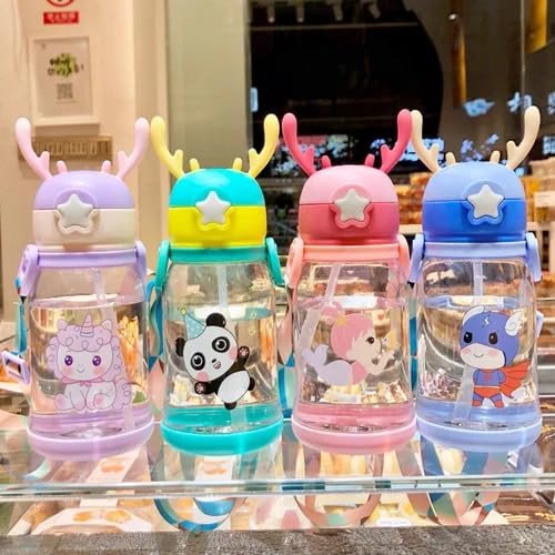 SmartGadgets Multi-Cartoon Design Water Bottle with Straw & Strap BPA Free Non-Toxic, Anti-Leak Water bottle for Kids, School, Home (700ML)| Plastic