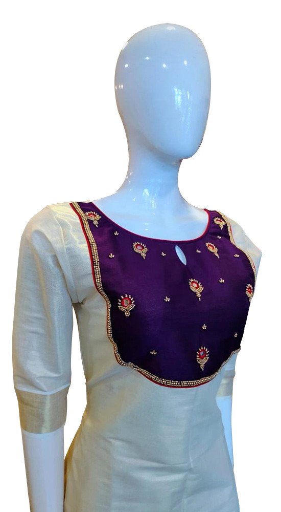 Avanika Collection's Kerala Traditional Attractive & Stylish Tissue Cotton Churidar Full Set (Bead Work Top & Duppatta With Churi Bottom) For Women | Kerala Traditional Salwar Set