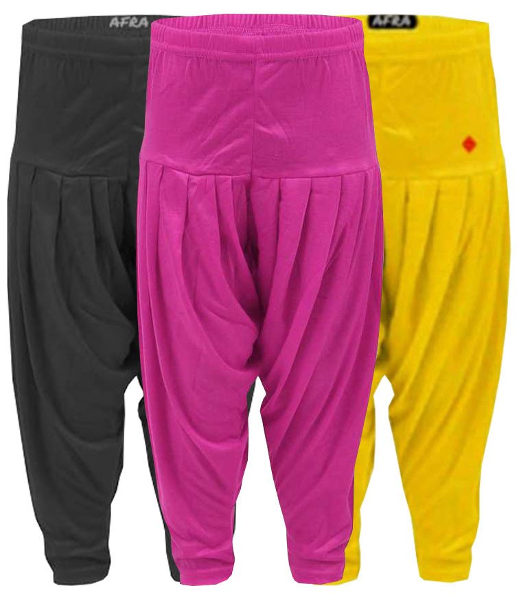AFRA Kid's Solid casual Full Length Viscose Solid Patiala Pant - 3 Pack Combo | Dhoti | Girl's Patiala Pants (3 in 1)