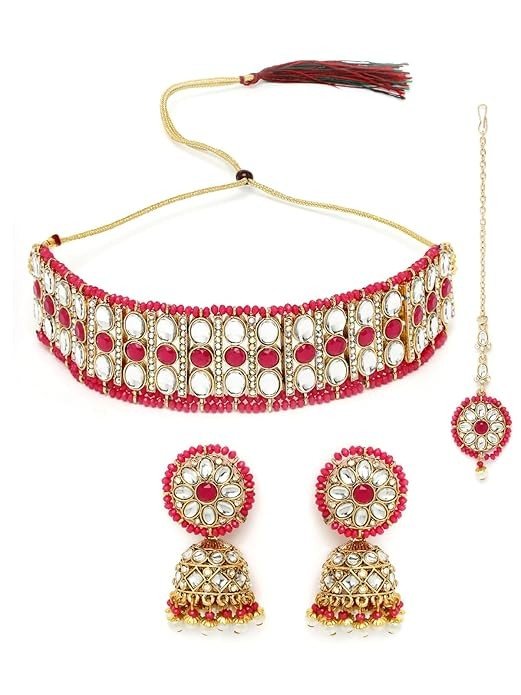 Sukkhi Sporty Gold Plated Green Kundan & Beads Studded Choker Necklace Set With Jhumki Stylish Earring For Women.