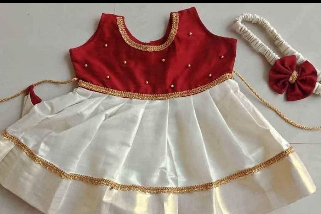 Avanika Collection's Attractive Golden Tissue Kerala Traditional Frock For Kids (Colour Customization Possible) | Stitched Frock For Kids