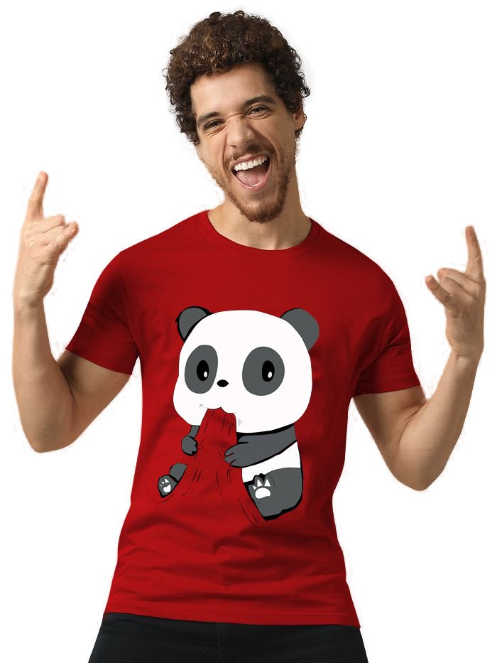 Beorign Regular Fit Solid Stylish Casual Hungry Panda Printed Cotton Blend Half Sleeves T-Shirt for Men-Red