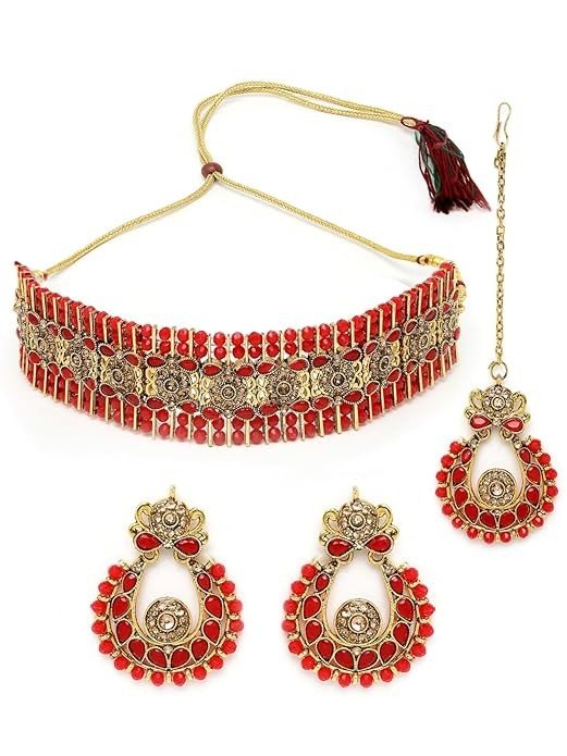 Sukkhi Indian Ethnic Gold Plated Green Kundan & Beads Studded Choker Necklace Set For Women