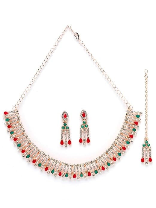 Sukkhi Admirable Fashionable Red-Green Kundan With Ad Stones Collar Bone Necklace Set With Earring And Maangtika | Jewellery Set For Women (NS105488)