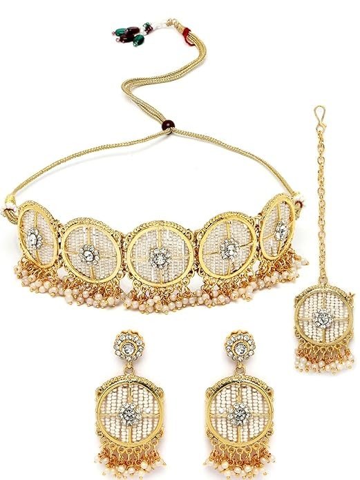 Sukkhi Charming Circular Gold Toned Plated Necklace Set With Earring And Maangtika | Jewellery Set For Women.