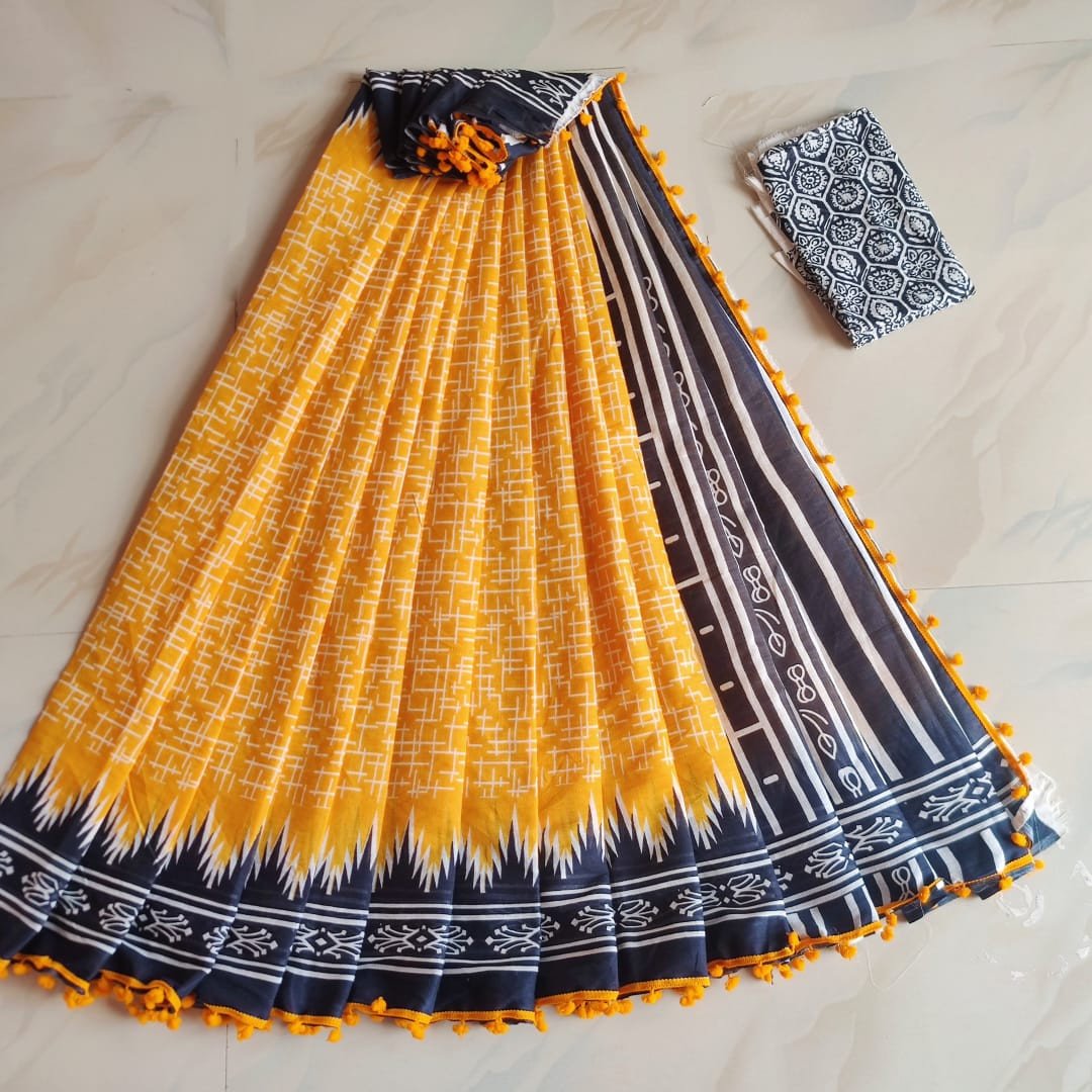 Stylish & Attractive Pure Soft Cotton Mul Mul Bagru Hand Block Printed Saree With Mulmul Cotton Blouse - Yellow Colour| Cotton Saree With Blouse
