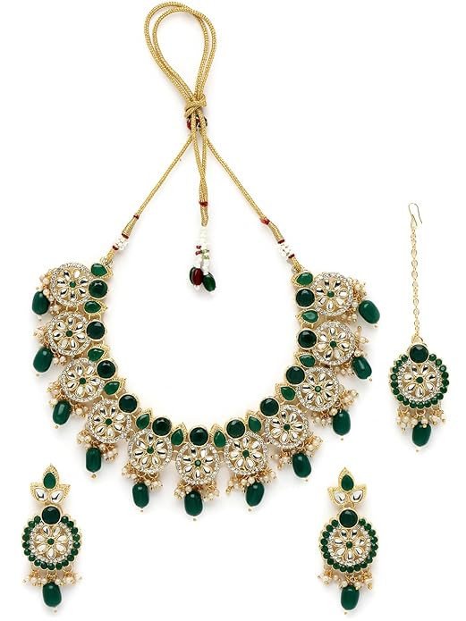 Indian Traditional Gold Plated Green Ad Studded Choker Necklace Set For Women.