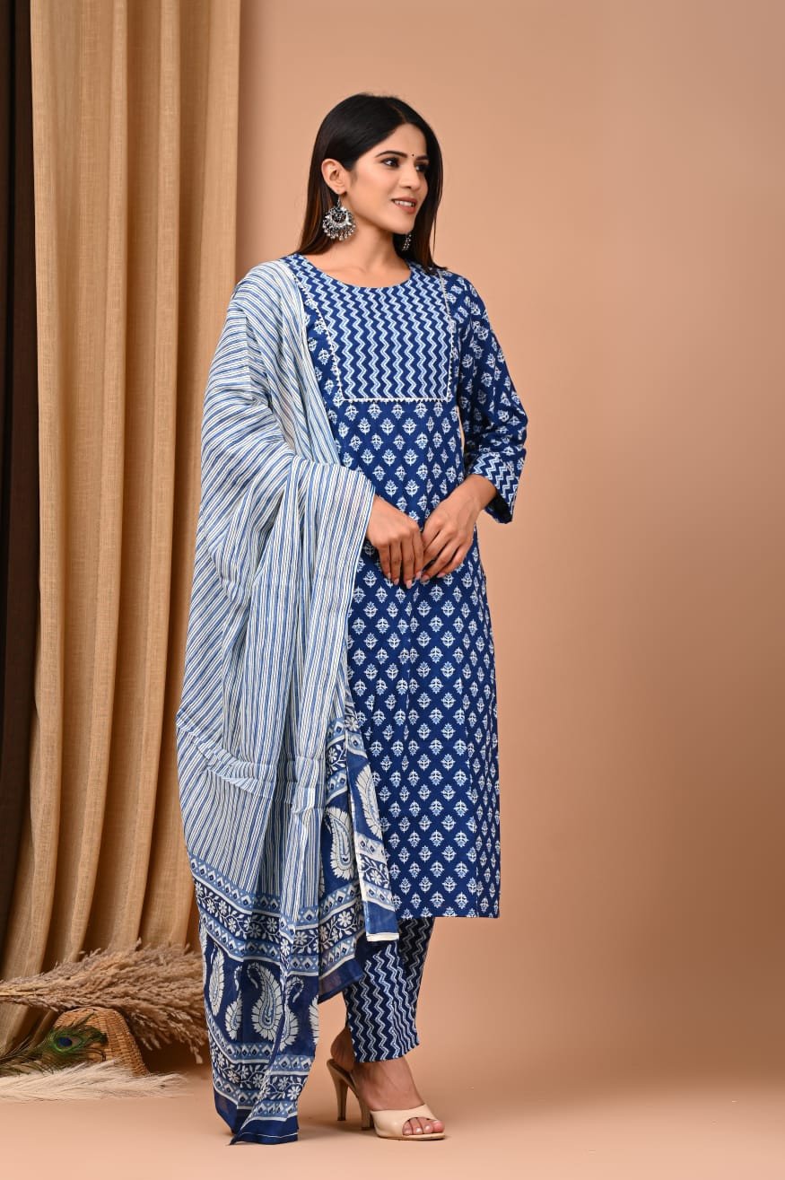Bagru Handblock Printed Designer Cotton Suit With Mulmul Duptta - Navy Blue Colour | Cotton Churidar Full Set