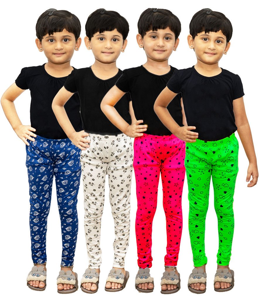 AFRA Garments Stylish Regular Fit Casual And Formal Full Length Printed Pure Cotton Leggings For Kids (Pack of 4)  | Full Length Leggings 4 in 1 (Combo)