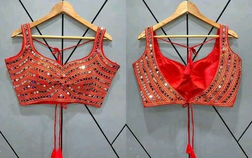 Sastha Fashion Stylish Heavy Phantom Silk Thread Zari Work Handmade Real Mirror Lace And Embroidery Work Sleeveless Readymade Saree Blouse For Lehenga Choli - Orange Colour