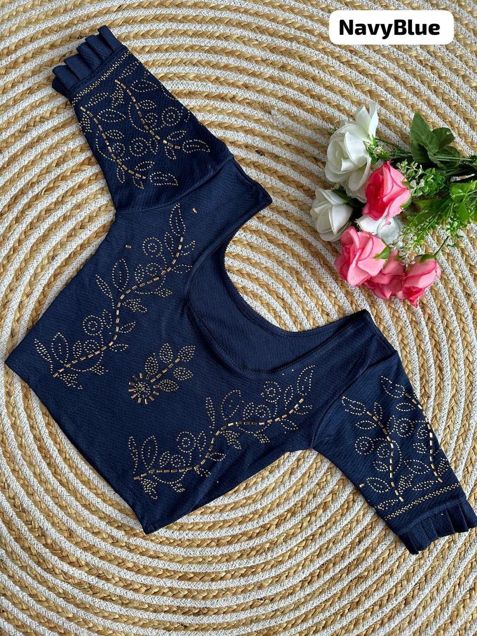Sai Ram Textiles Fancy Sirojki Work Jhari Pushpa Designed Round Neck Lycra Stretchable Readymade Blouse - Navy Blue Colour (Stitched Blouse) | Stitched Saree Blouse