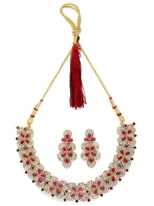 Splendid Gold Plated AD Rani Pink Stones Collar Bone Necklace Set And Earring | Jewellery Set For Women (NS105707)