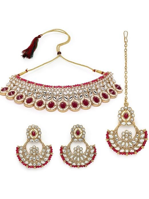 Sophisticated Bridal Looked Rani Pink Stone Studded Choker Necklace With Chandbali Earring Mangtikka Set For Women.