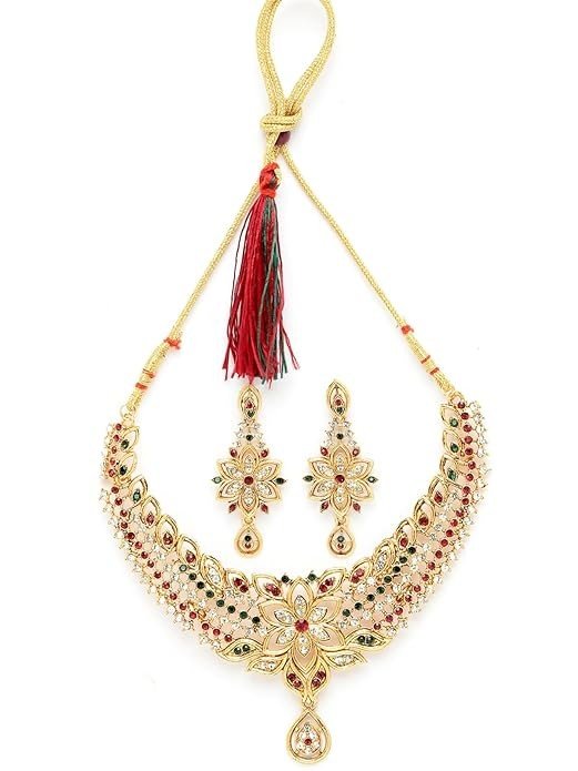 Sukkhi Pleasing Gold Plated Multicolor AD Stone Collar Bone Necklace Set And Earring | Jewellery Set For Women (NS105515)