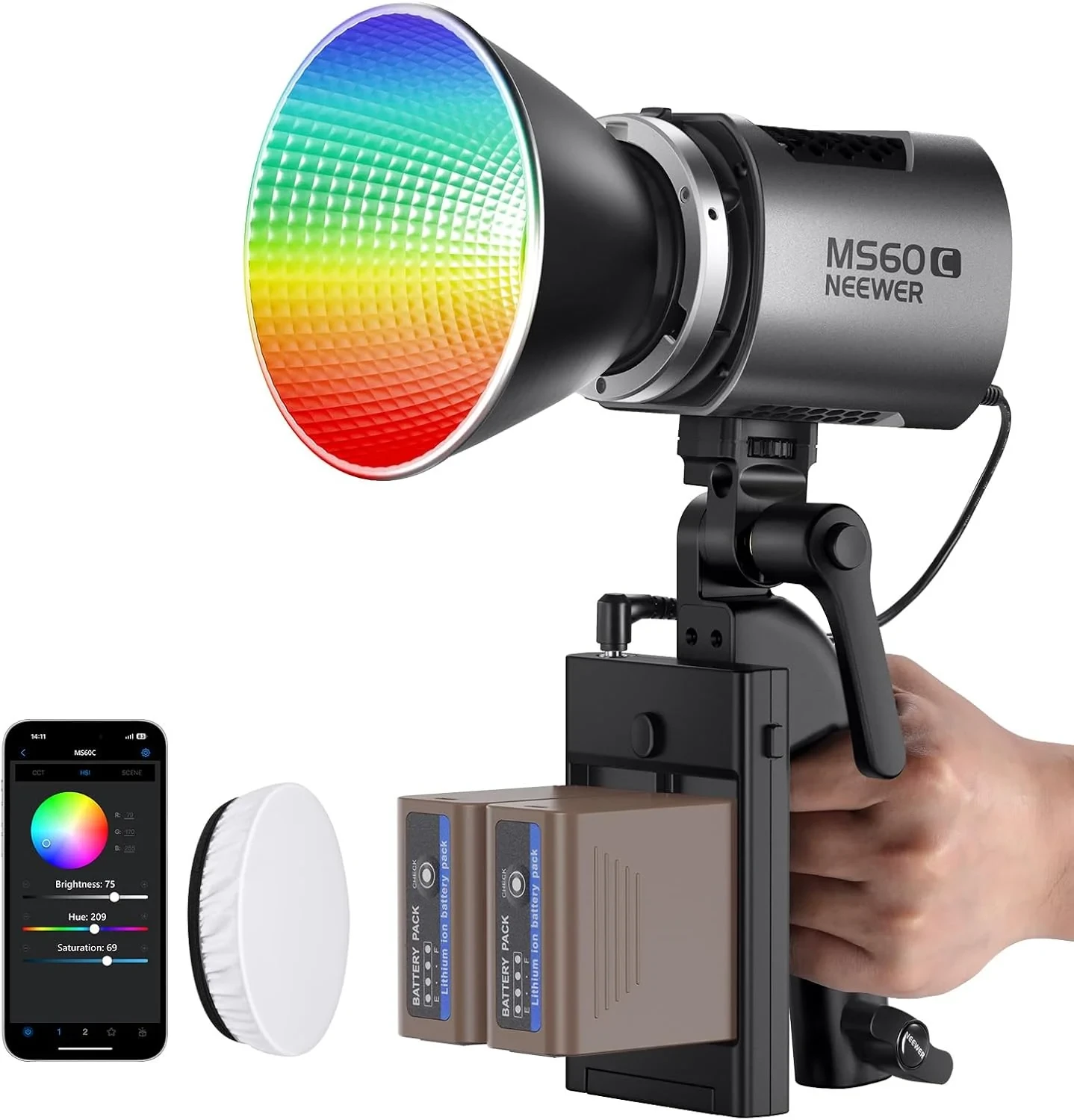 NEEWER RGB LED Video Light Handheld Spotlight (MS60C) - Diffuser&Battery Kit