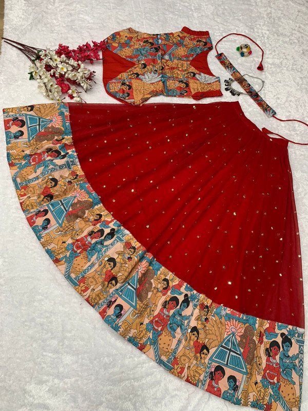 Edathal Star Collection's Party Wear Georgette Sequence Work Skirt With Top And Belt (RED)