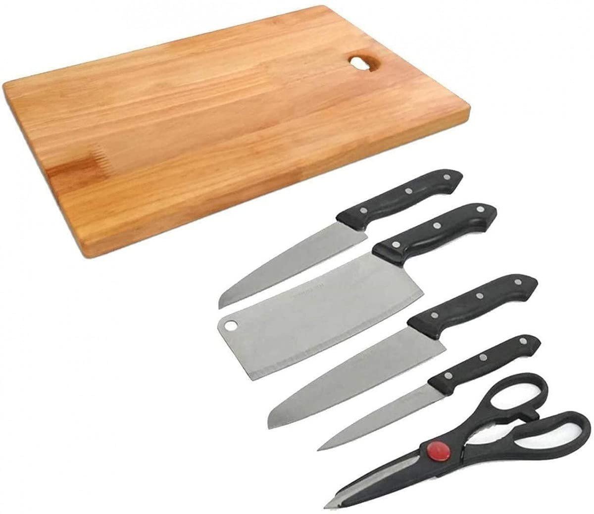 SmartGadgets Wooden Chopping Board with Knife Set and Scissor, 6 Piece Stainless Steel Kitchen Knife Knives Set with Knife Scissor, Knife Sets