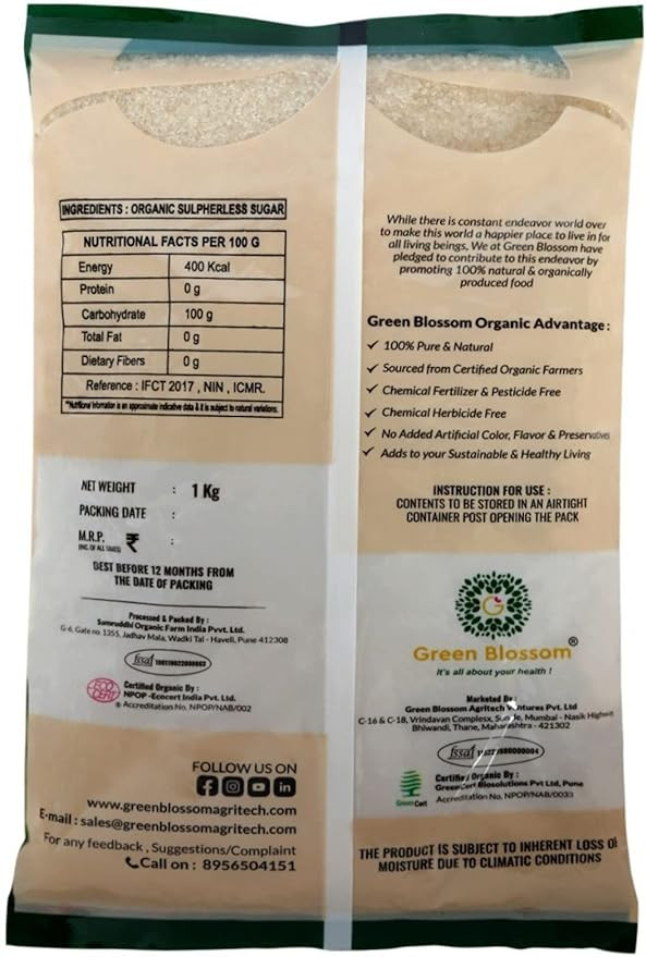 Green Blossom Organic White Sugar - 1 Kg | Nature 100% Organic Sugar Zero Chemicals | Organically Processed | Freshly Squeezed Sugar Cane Juice | Enriched With Essentials Nutrients