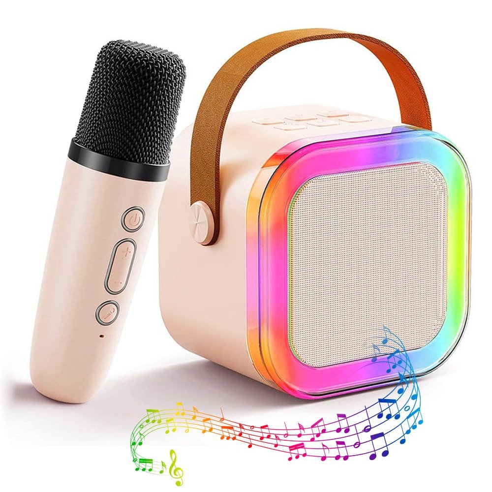 SmartGadgets K12 Bluetooth Speaker with Wireless Karaoke Mic – Kids Toy Gift with RGB Lights for Singing & Parties (Beige)