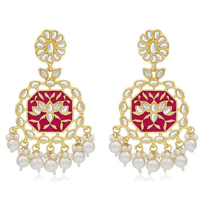 Dazzling Pearl Gold Plated Kundan Meenakari Chandelier Earring for Women (SKR56793)