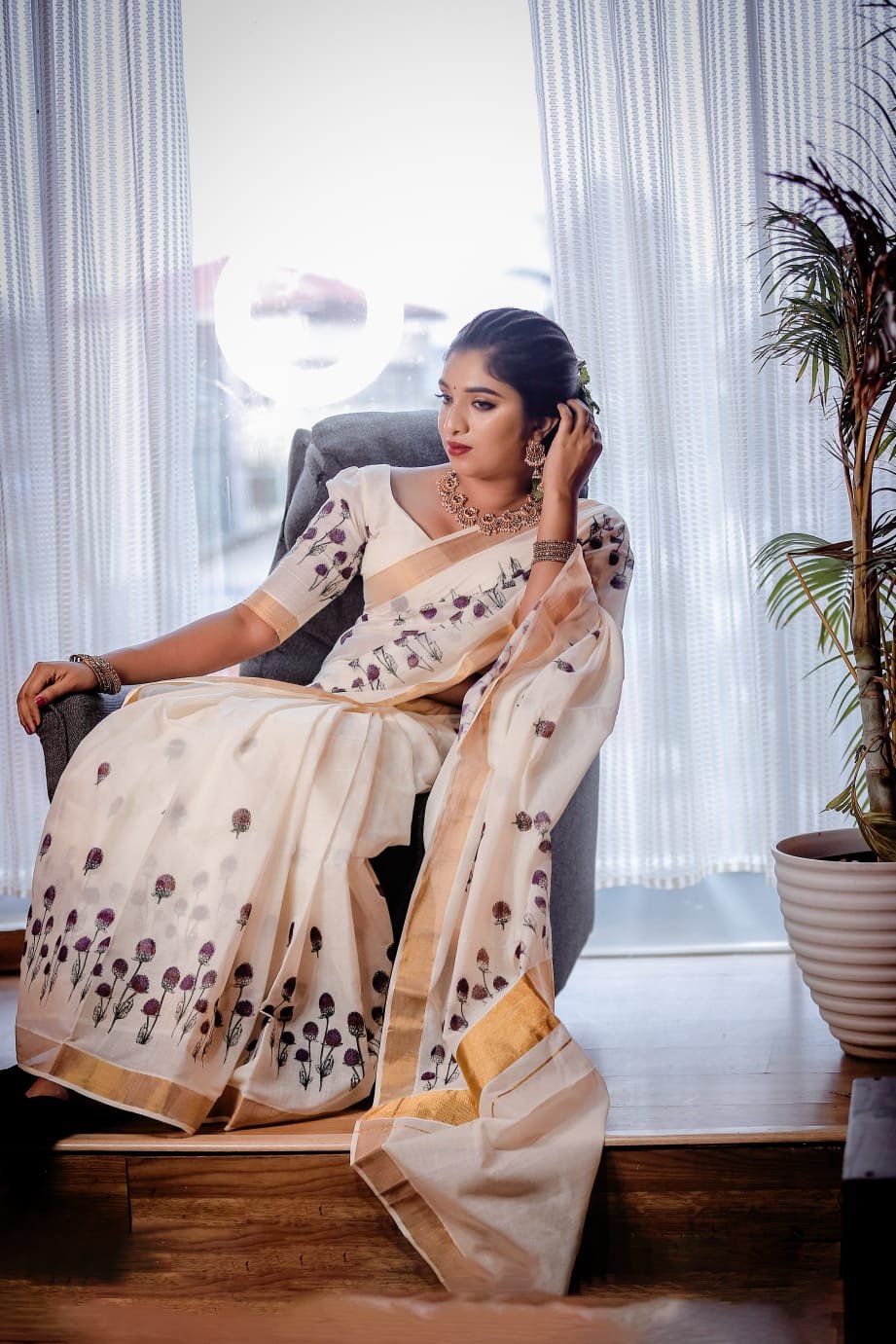 Sai Ram Textiles Premium Quality Vadamali / Common Globe Amaranth Flower Cotton Saree With Blouse | Kerala Set Saree