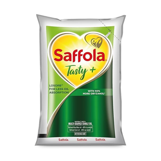 Saffola Tasty + Refined Cooking Oil | Multi-Source Edible Rice Bran & Corn Oil | 50% More Oryzanol | 1 Litre Pouch