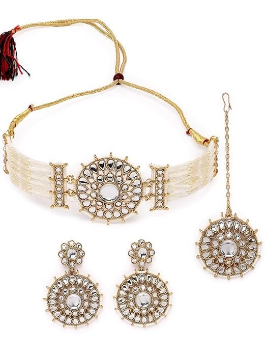 Sukkhi Decorative Round Shaped Multicolor Kundan & Beads Studded Choker Necklace Set For Women