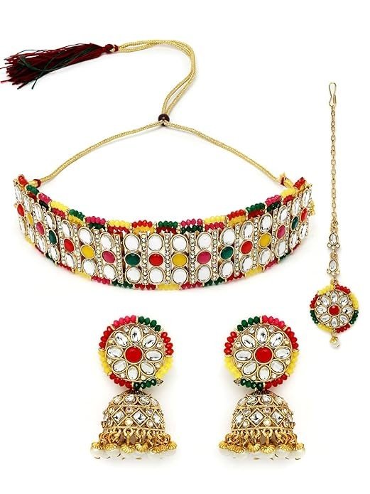 Sukkhi Sporty Gold Plated Green Kundan & Beads Studded Choker Necklace Set With Jhumki Stylish Earring For Women