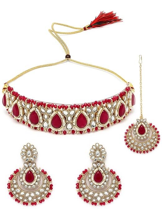 Incredible Drop Shaped White Kundan & Beads Studded Choker Necklace Set For Women.