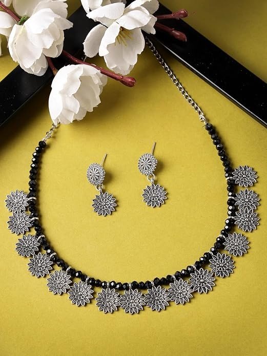 Sukkhi Trendy Oxidised Silver Plated Floral Shaped Collar Bone Necklace Set And Earring | Jewellery Set For Women (NS105541)