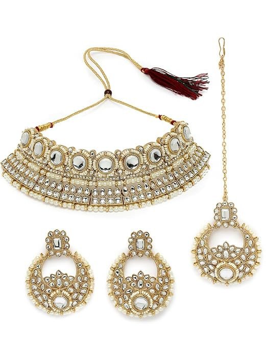 Fashion-Forward Gold Plated Green Kundan & Beads Studded Choker Necklace Set For Women.