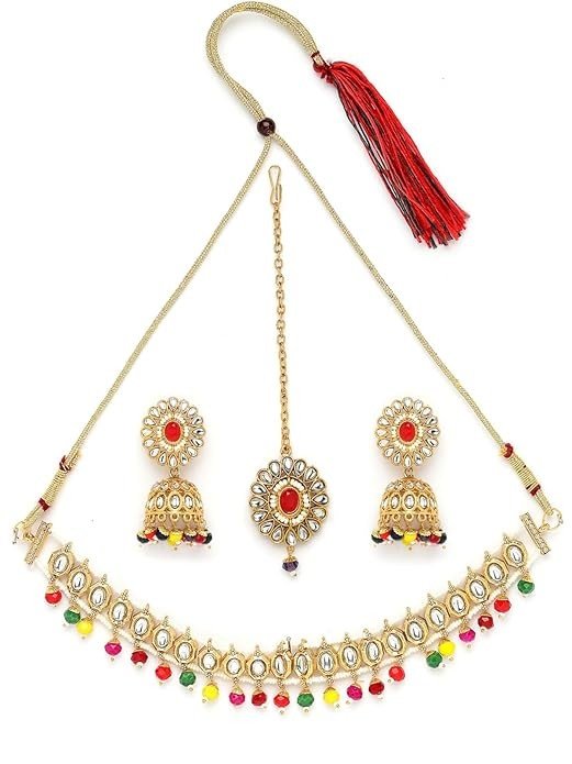 Sukkhi Vintage Gold Plated Red Multicolor Kundan & Beads Choker Necklace Set With Jhumki Earring And Maangtika | Jewellery Set For Women