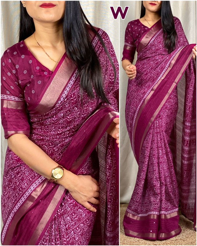 Edathal Star Collection's Kalamkari Print Saree With Sequin & Zari Boder & Tussles In Pallu With Printed Blouse - Purple Colour | Soft Cotton Kalamkari Printed Saree