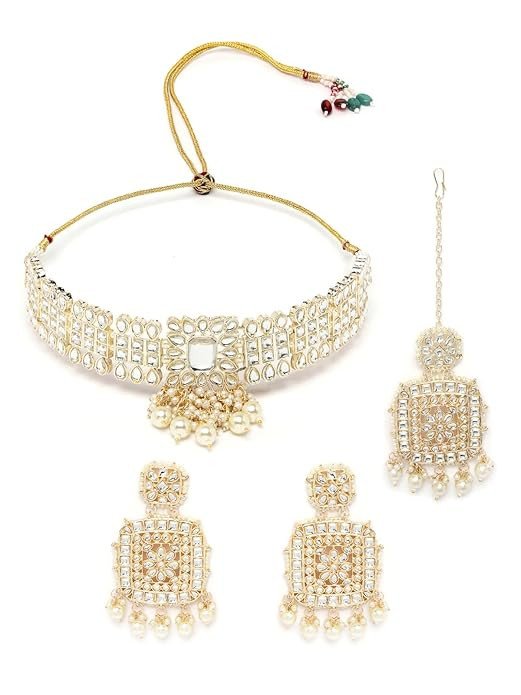 Adjustable Gold Plated White Kundan & Beads Choker Necklace Set With Earring And Maangtika | Jewellery Set For Women (NS105528)