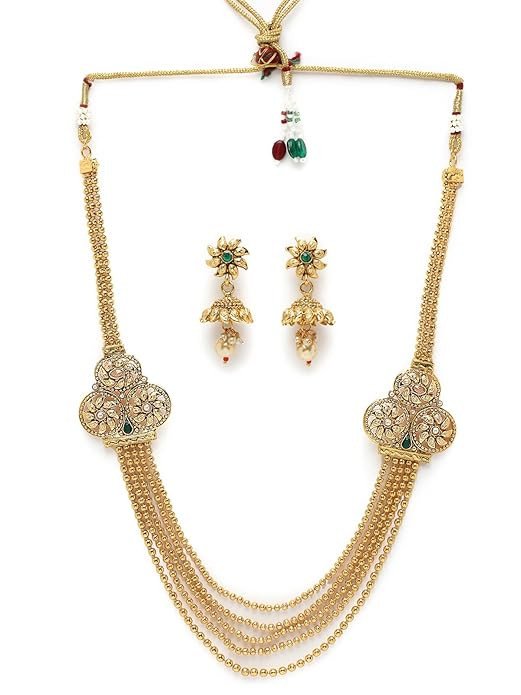 Inspiring Gold Plated Golden Rani Haar Long Kundan Studded Multistring Necklace Set And Earring | Jewellery Set For Women (NS105736)