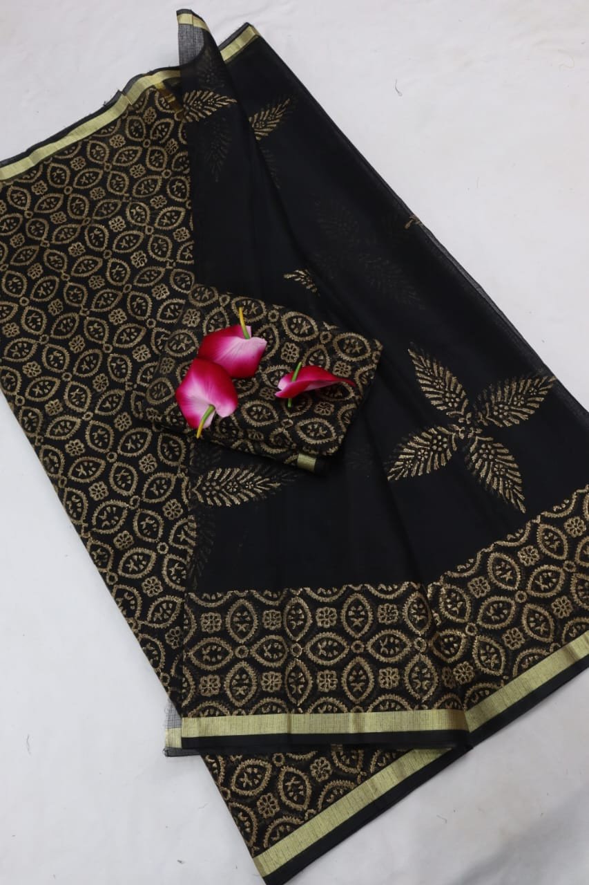 Edathal Star Collection's Soft & Smooth Kota Doria Mix Cotton Block Printed Saree With Blouse - Black Colour | Cotton Saree With Blouse