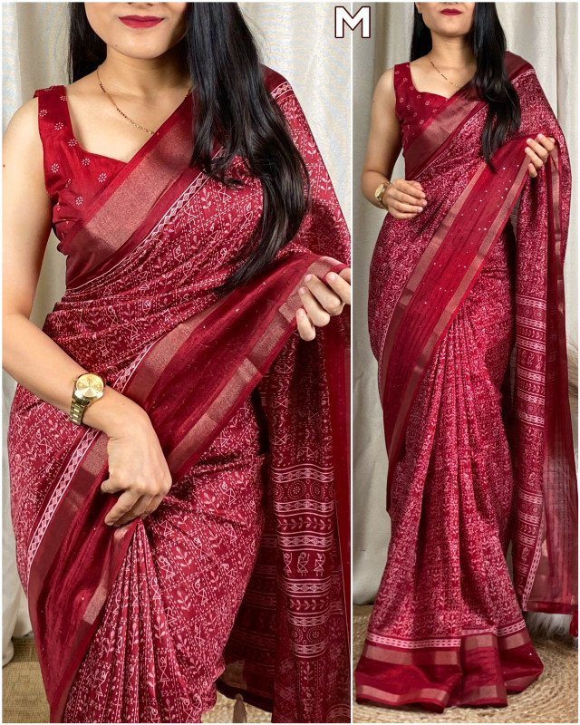 Edathal Star Collection's Kalamkari Print Saree With Sequin & Zari Boder & Tussles In Pallu With Printed Blouse - Maroon Colour | Soft Cotton Kalamkari Printed Saree