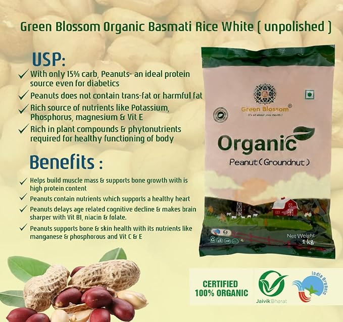 Green Blossom Fresh Natural Organic Raw Groundnut (Peanut) - 1 kg | 100% Organic Raw Peanuts