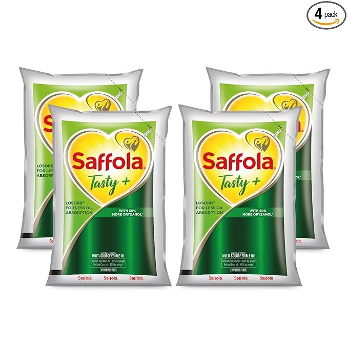 Saffola Tasty + Refined Cooking Oil | Multi-Source Edible Rice Bran & Corn oil | 50% More Oryzanol | 4 x 1 Litre Pouch