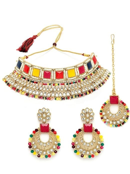 Classical Bridal Gold Plated Rani Pink Kundan & Beads Studded Choker Necklace Set For Women.