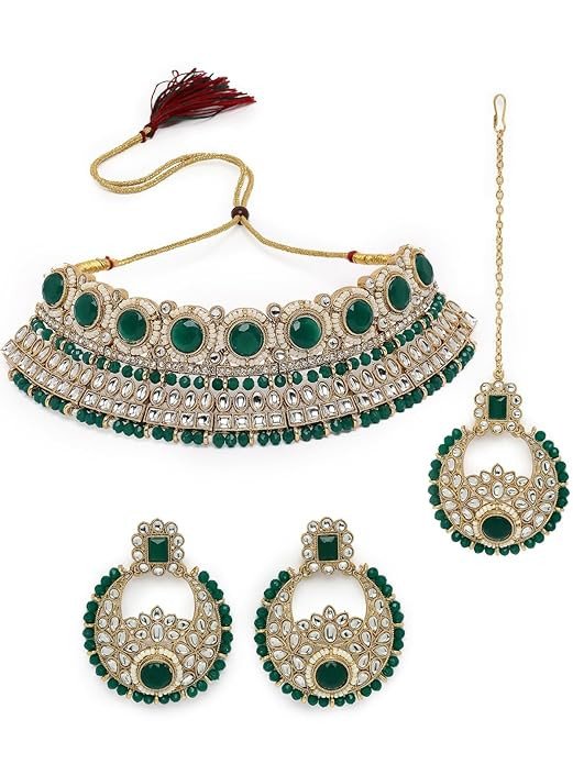 Fashion-Forward Gold Plated Green Kundan & Beads Studded Choker Necklace Set For Women.