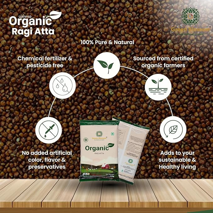 Green Blossom Natural & Organic Ragi Flour/Finger Millet/Nachni Flour - 1KG | Chemical Free & Pesticides Free | Naturally Gluten-free | Rich in Calcium & Protein | Ragi Atta