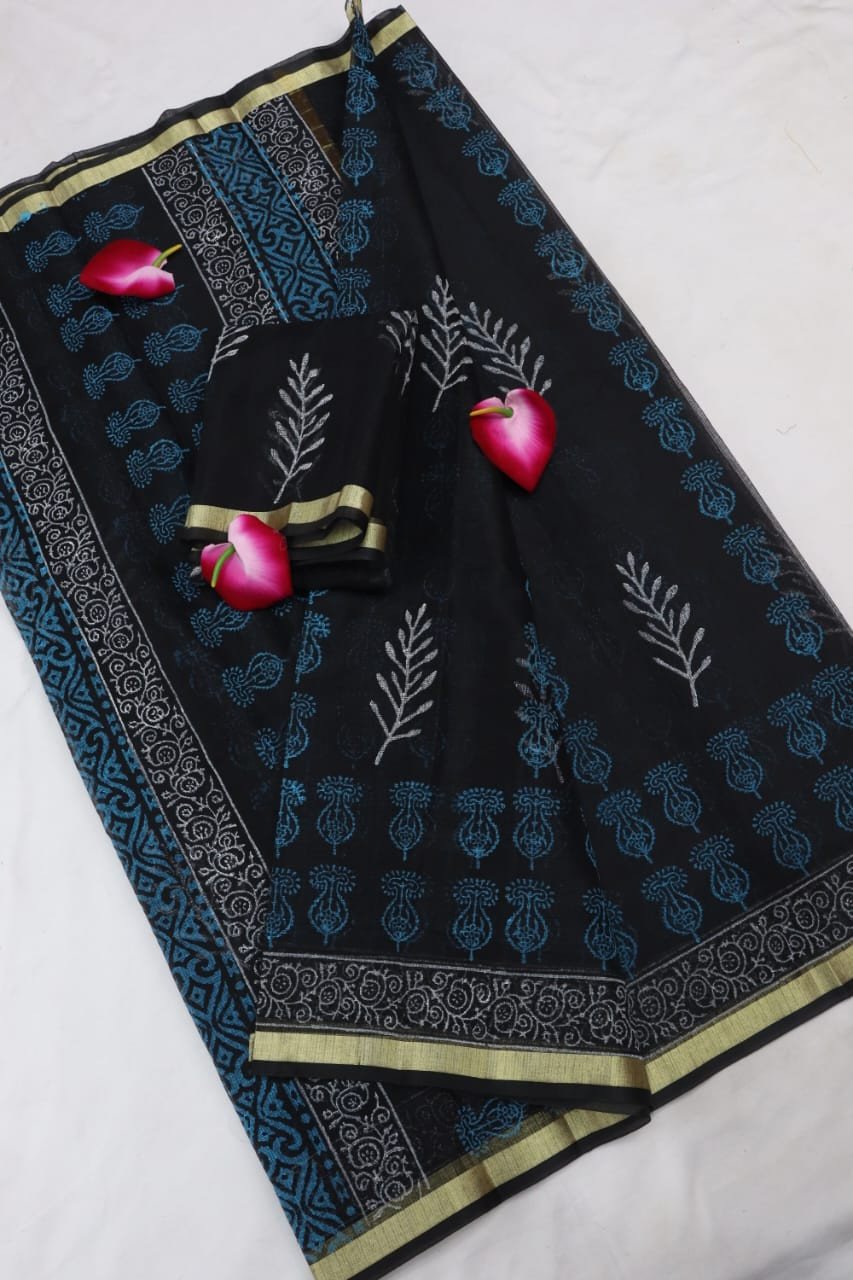 Edathal Star Collection's Attractive Kota Doria Mix Cotton Block Printed Saree With Blouse - Black Colour | Cotton Saree With Blouse