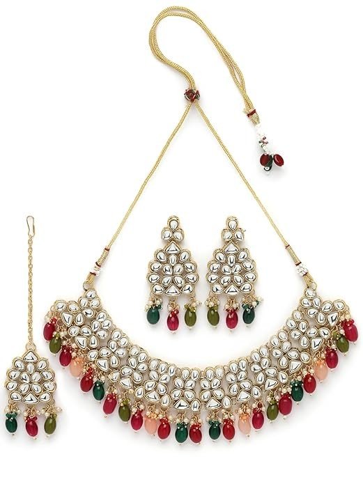 Sukkhi Unforgettable Heavy Looked Multicolor Kundan & Beads Studded Choker Necklace Set For Women.