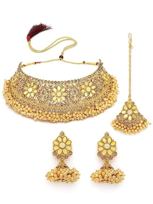 Sukkhi Timelessely Beautiful Gold Plated Gold Kundan & Beads Floral Choker Necklace Set With Earring And Maangtika | Jewellery Set For Women (NS105481)