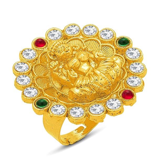 Lord Laxmi Temple Gold Plated Colour Stone Adjustable Ring For Women (LR103083)