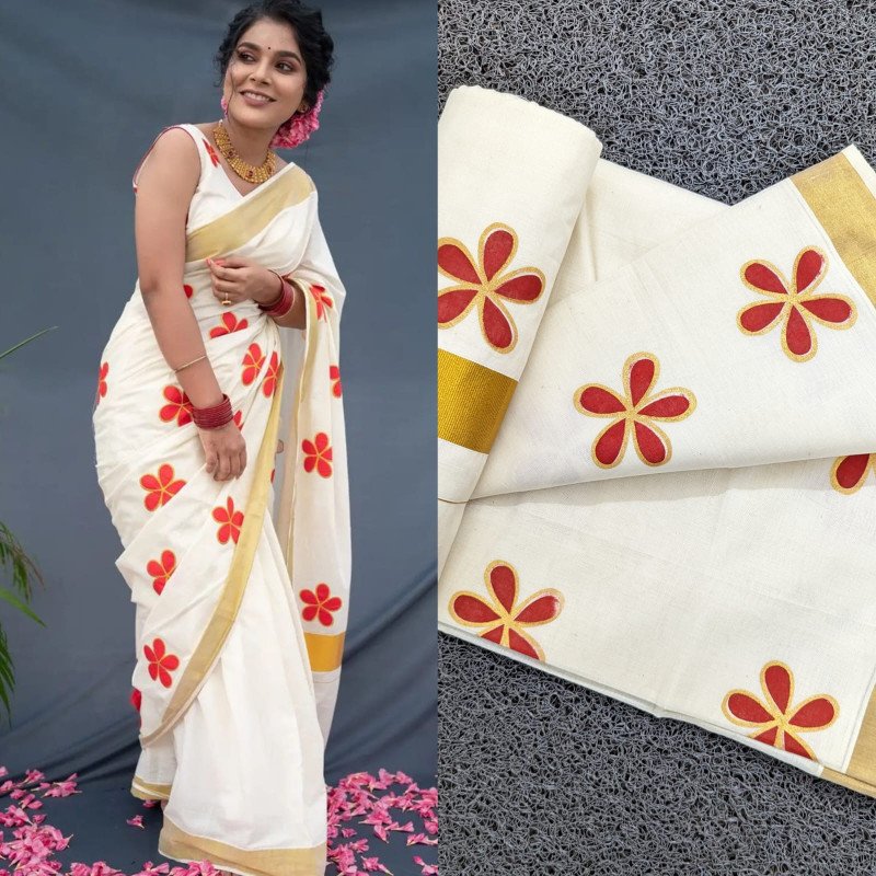 Sai Ram Textiles Kerala Kuthampully Premium Quality Double Colour Flower Golden Cotton Saree | Kerala Traditional Set Saree