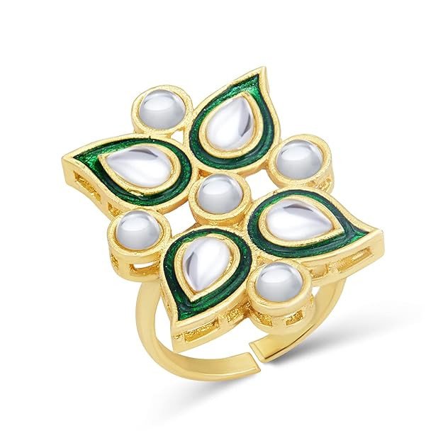 Delightful Gold Plated Kundan Meenakari Ring for Women (SKR85673), Green.